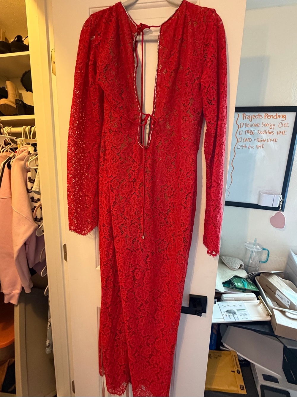 House of CB Red Lace Long-Sleeve Midi Dress with Tie Back